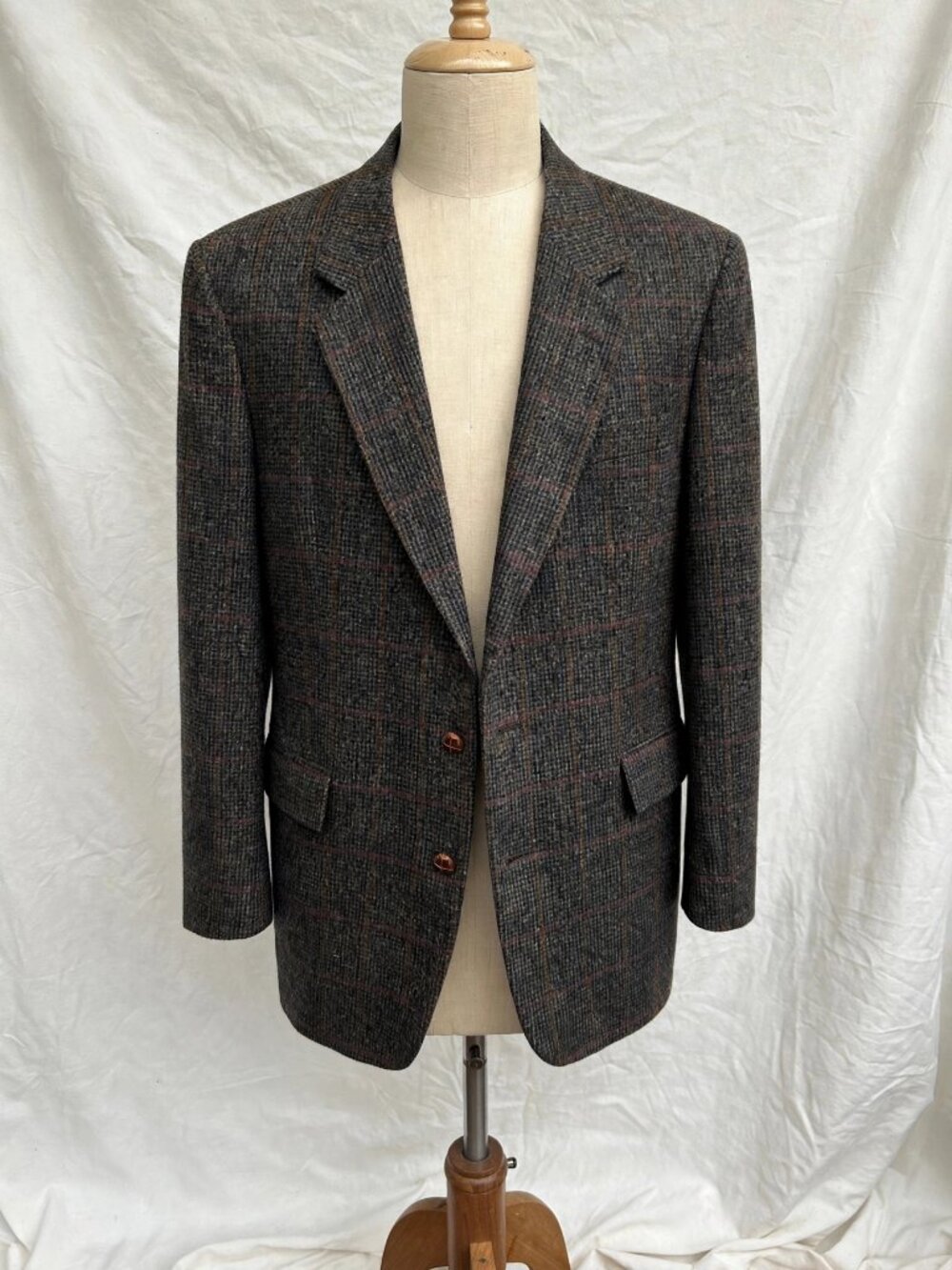 Boston Traders Tweed Sport Coat Blazer Men's 44L 100% Wool Gray Windowpane Plaid